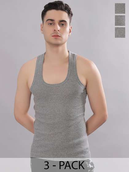 Dollar Bigboss Men
                      Solid Pack of 3 Grey Cotton Stretch Rib Regular
                      Fit Casual Vest