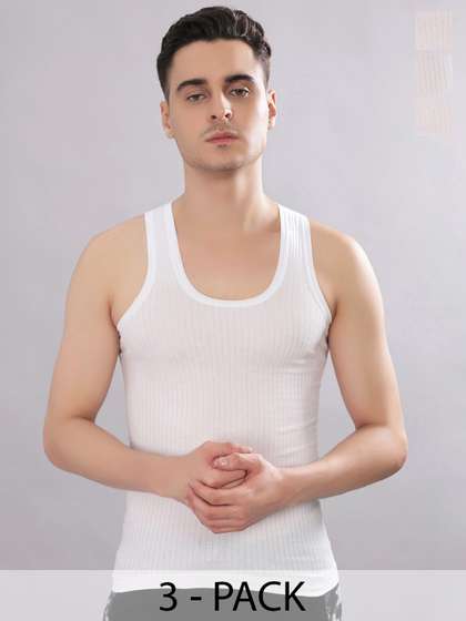 Dollar Bigboss Men
                        Solid Pack of 3 White Cotton Magic Rib Regular
                        Fit Casual Vest