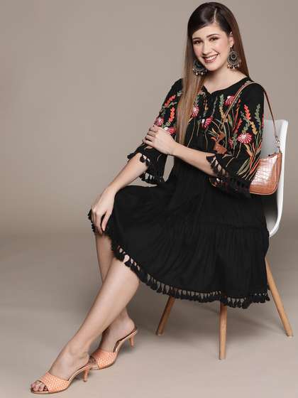Ishin Women Floral
                          Embroidered Tiered Fit & Flared Dress