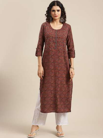 Varanga Women Sequin
                        Ajrakh Motif Printed Cotton Thread Work Kurta