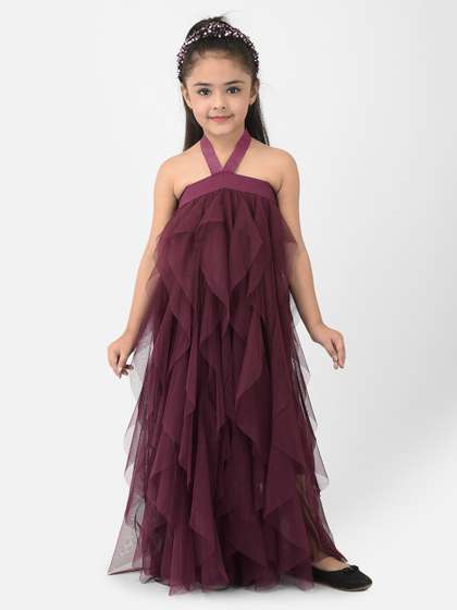 Eavan Girls Burgundy
                    Embellished Halter Neck Net Maxi Dress