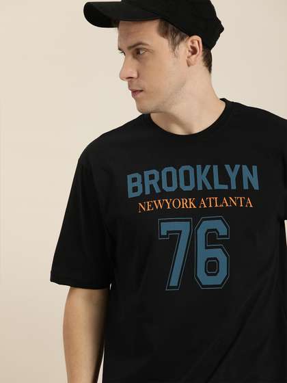 DILLINGER Men Black & Blue Typography Print Pure Cotton Loose T-shirt