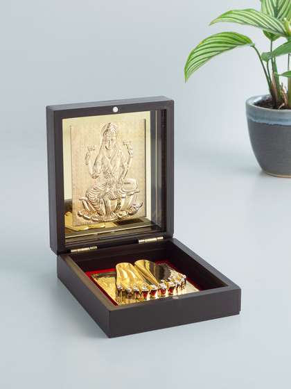 Golden Peacock Laxmi Charan Paduka Antique Pooja Box for Home Decor and Spiritual Gifting