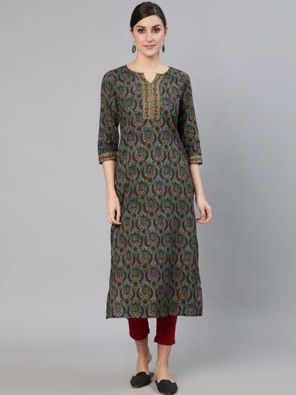 Nayo Women Blue
                          & Maroon Paisley Printed Cotton Kurta