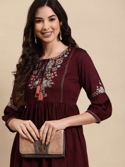 RANGMAYEE Women Maroon Ethnic Motifs Embroidered Gotta Patti Kurti