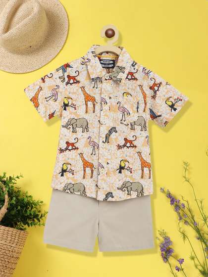Nauti Nati Boys Beige
                    & Orange Printed Pure Cotton Shirt with Shorts