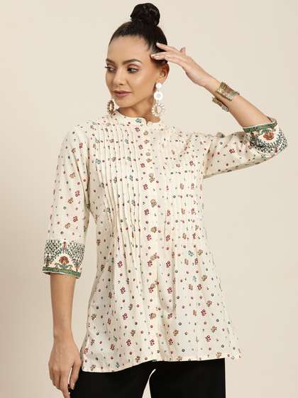 Juniper Women Off White & Red Pure Cotton Floral Print Mandarin Collar Tunic