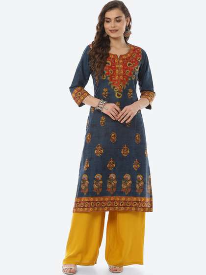 Biba Women Teal & Red Floral Printed Kurta