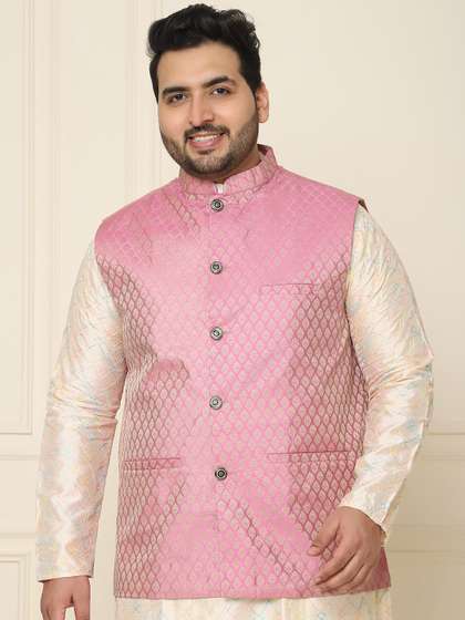 Sojanya PLUS Men's
                        Pink & Golden Woven Design Nehru Jacket