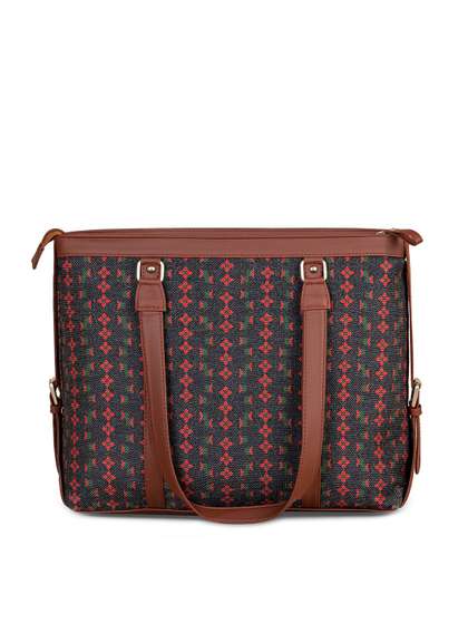 ZOUK Black Geometric Laptop Structured Tote Bag