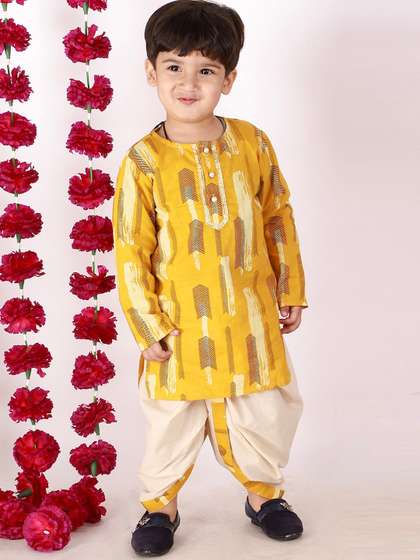 Little Bansi Boys Yellow
                    Ethnic Motifs Printed Pure Cotton Kurta with Dhoti
                    Pants