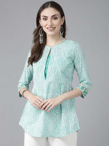 Rain & Rainbow Women Sea Green & White Ethnic Motifs Printed Sequinned Pure Cotton Kurti