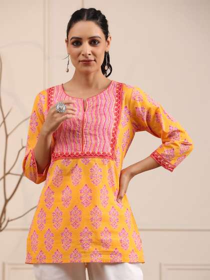 Rain & Rainbow Women Orange & Pink Ethnic Printed Sequinned Pure Cotton Kurti