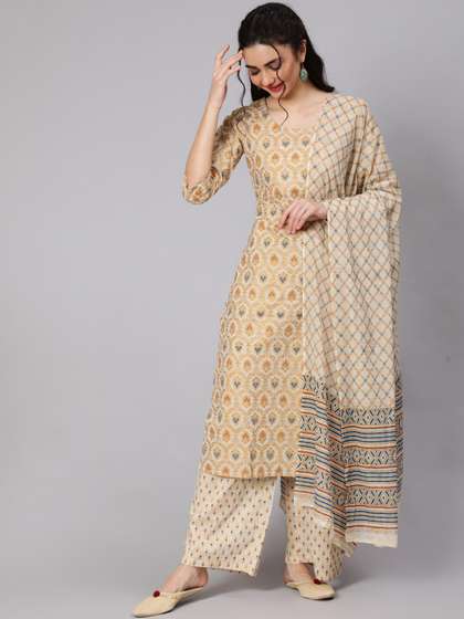 Nayo Women
                        Cream-Coloured & Gold Screen Printed Cotton
                        Straight Kurta Palazzos Dupatta