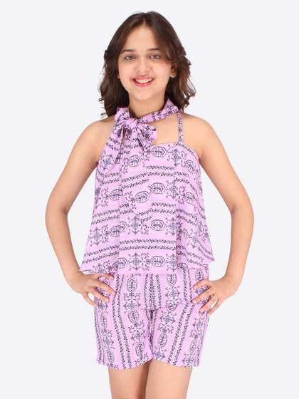 CUTECUMBER Girls Purple
                    Printed with Ruffles Jumpsuit