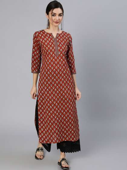 Nayo Women Women
                        Maroon Ethnic Printed Straight Kurta With Three
                        Quarter Sleeves
