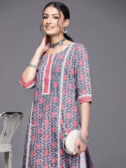 Libas Women Blue & Pink Floral Motifs Printed Kurta