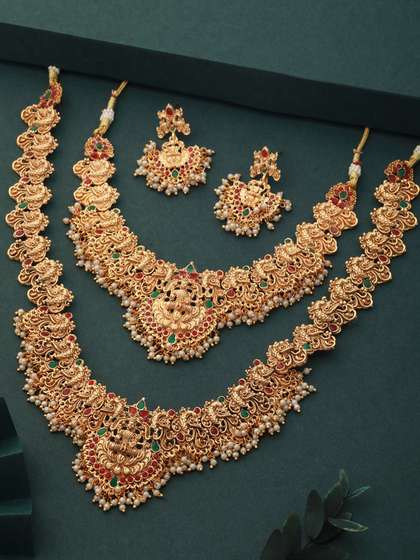 Saraf RS Jewellery
                        Gold Plated Red & Green Stone Studded Temple
                        Jewelleey Set
