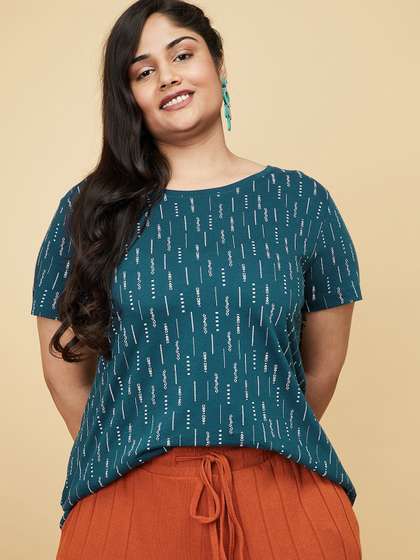 max Plus Size
                          Women Teal Printed Pure Cotton T-shirt