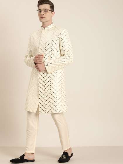 VASTRAMAY Men Cream
                        Colored Mirror Worked Sherwani Set