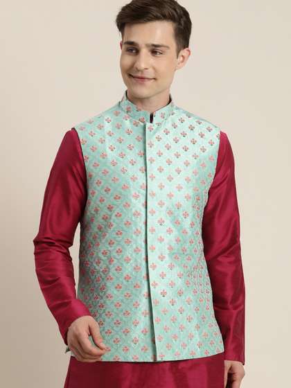 VASTRAMAY Men's Silk Blend Embroidered Nehru Jacket
