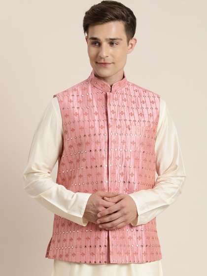 VASTRAMAY Men Silk Blend Embroidered Mirror Work Nehru Jacket