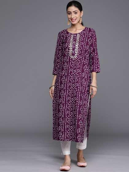 Varanga Women Purple & White Bandhani Printed Pure Cotton Kurta