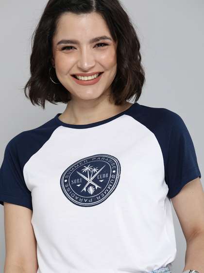 Mast & Harbour
                      Women White & Navy Blue Typography Printed
                      Pure Cotton T-shirt