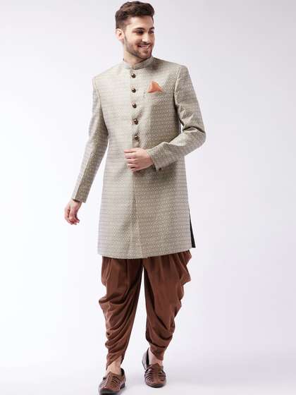 Vastramay Men Beige
                        & Coffee Brown Woven Design Banarasi Silk
                        Jacquard Sherwani Set