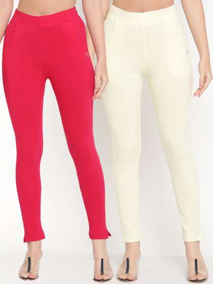 TAG 7 Women Set of 2
                        Cream-Coloured & Pink Ankle Length Leggings