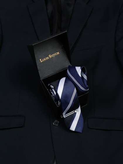 LOUIS STITCH Men Lined
                      Blue Stripes Italian Silk Necktie Accessory Gift
                      Set