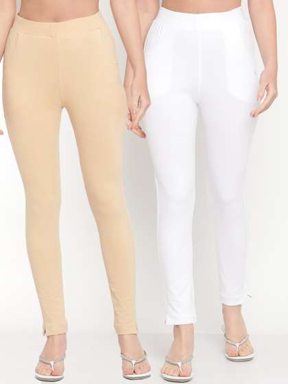 TAG 7 Set Of 2 Beige
                        & White Solid Leggings