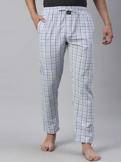 Joven Men Blue
                          & White Checked Pure Cotton Lounge Pants