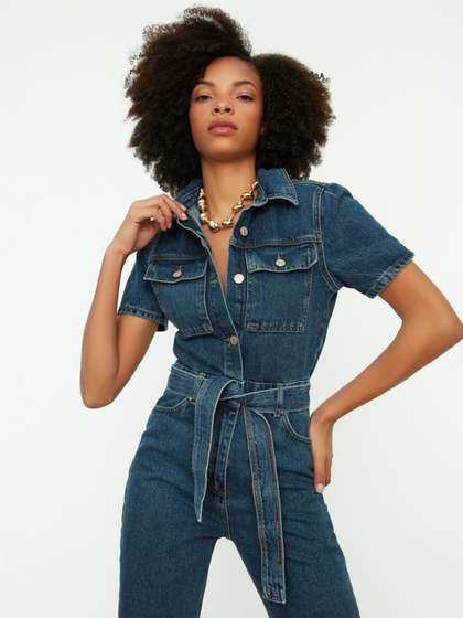 Trendyol Women Blue Basic Pure Cotton Denim Jumpsuit with Belt