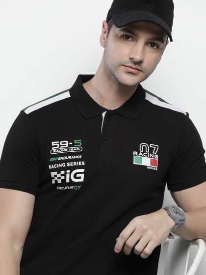 The Indian Garage Co
                        Men Black & White Typography Printed Polo
                        Collar Slim Fit T-shirt