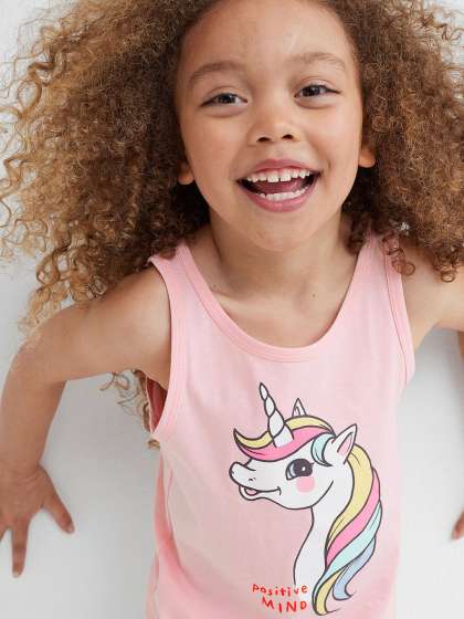 H&M Girls Pink & White Printed Cotton Jersey Vest Top