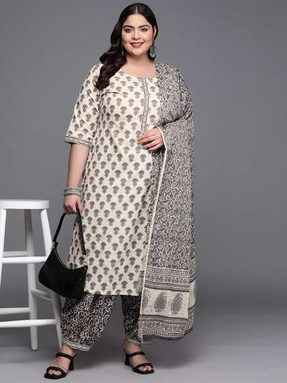 EXTRA LOVE BY LIBAS Women Off White Plus Size Printed Cotton Kurta with Salwar & Dupatta