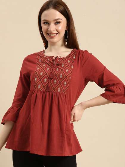 all about you X fwd Rust Red Floral Yoke Design Pure Cotton A-Line Short Kurti