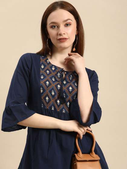 all about you X fwd Navy Blue Floral Yoke Design Pure Cotton Short Kurti