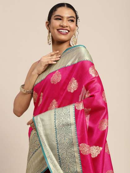 Silk Land Pink &
                        Golden Ethnic Motifs Zari Banarasi Saree