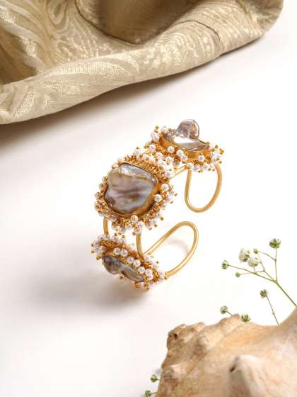 TEEJH Women Gold-Toned & White Brass Cuff Bracelet