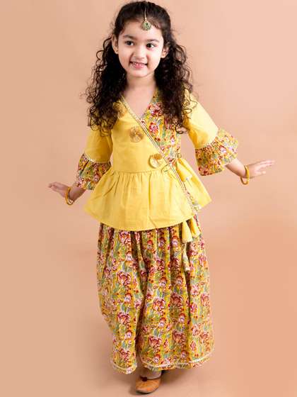 pspeaches Girls Mustard
                    Yellow Floral Printed Angrakha Gotta Patti Pure
                    Cotton Kurti with Palazzos