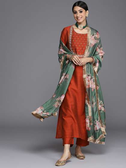 Varanga Women
                          Maroon Yoke Embroidered Kurta with Trouser
                          & Printed Dupatta