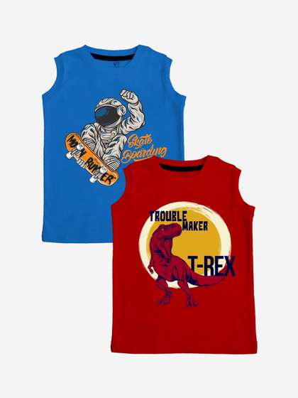 x2o Kids Pack Of 2 Blue
                    & Red Printed Pure Cotton Basic Innerwear Vests