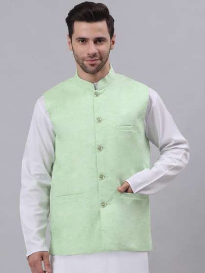 NEUDIS Men Green
                          Solid Woven Cotton Nehru Jacket