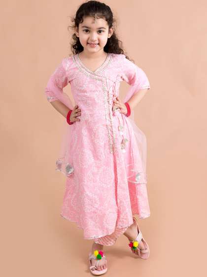 Pspeaches Girls Pink
                    Cotton Angrakha Kurta Trouser Dupatta Set