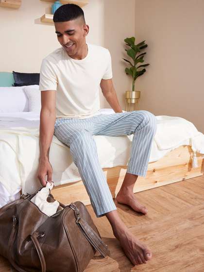 DAMENSCH Men Striped
                      Sea Green Stretch Cotton Tapered Woven Lounge
                      Pants