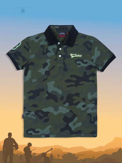 Gini and Jony Boys Olive Green Camouflage Printed Polo Collar T-shirt