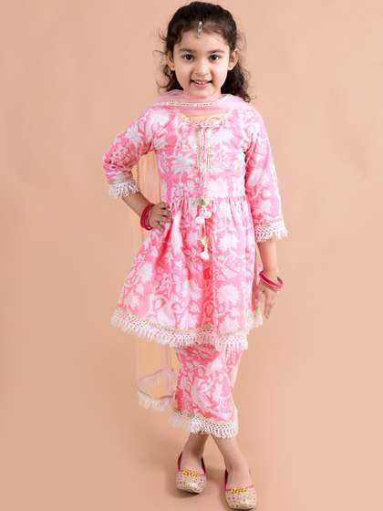 Pspeaches Girls Pink
                    Floral Cotton Kurta Palazzo Dupatta Set
