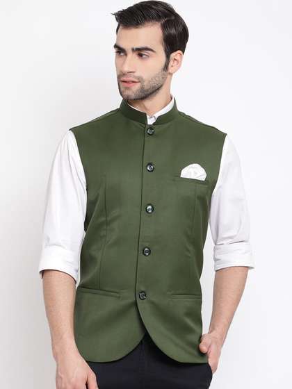 VASTRAMAY Men Green
                        Solid Slim Fit Woven Nehru Jacket